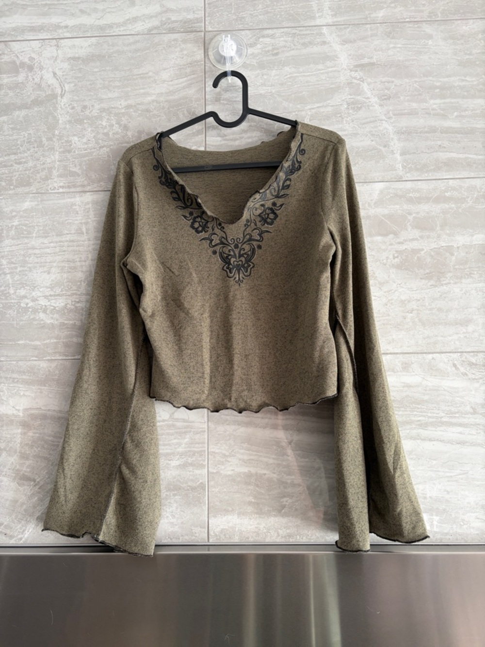 SHEIN Olive Green Cropped V-Neck Top with Black Embroidery